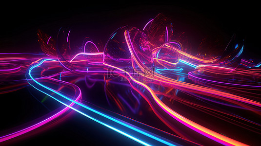 充满活力的抽象迷幻背景 3d 渲染，带有霓虹灯和紫外线粉红色和蓝色的发光线