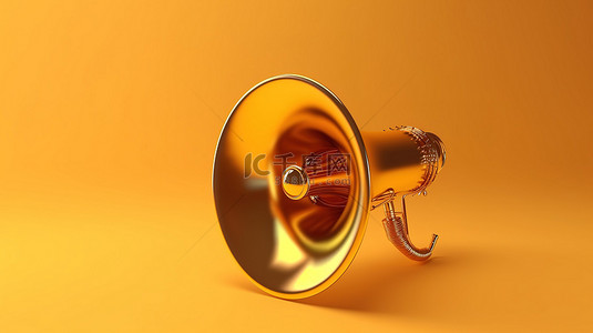 闪闪发光的背景上闪亮的金色扩音器的 3D 渲染