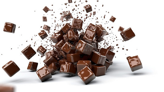 白色背景上特写的孤立巧克力立方体的 3D 插图