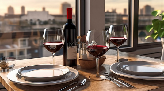 浪漫的用餐体验，一张两人餐桌的 3D 渲染，配有一瓶红酒