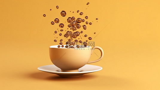 当咖啡遇上茶背景图片_漂浮在棕色背景上的咖啡杯的 3D 渲染
