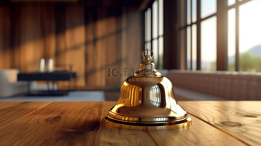 酒店管理背景图片_带黄铜酒店接待铃的木桌 3D 插图