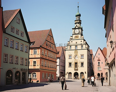 德国葡萄背景图片_几个人走过德国老城街道上的建筑物