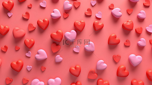爱心图案背景图片_柔和的粉红色背景上的 3D 插图充满活力的红心图案