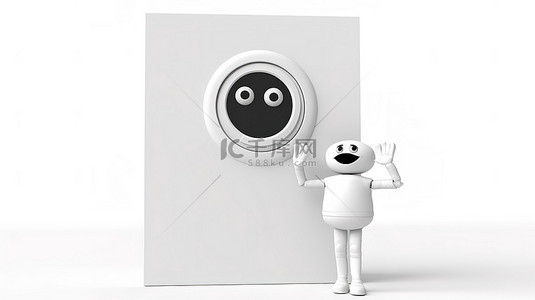 现代白色洗衣机吉祥物在纯白色背景 3D 设计上展示空白广告架