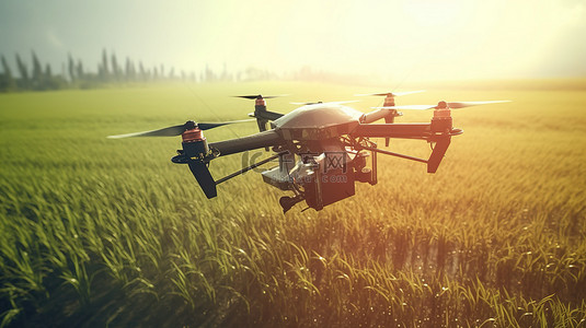 辛勤园丁背景图片_农业无人机在绿色牧场上喷水的 3D 渲染