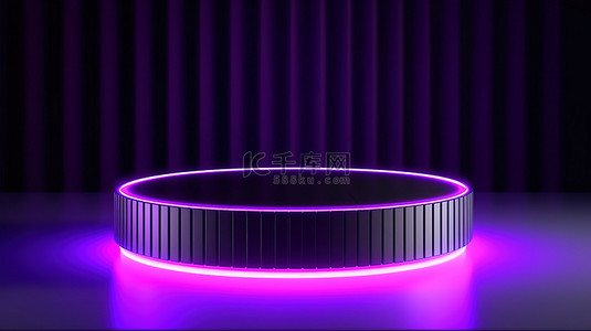 在带有抽象几何和紫色霓虹线的 3D 风格讲台上展示您的产品