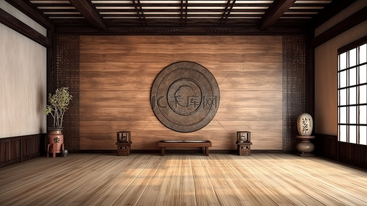 空荡荡的中国风格木屋，配有 3D 渲染的壁挂式木地板