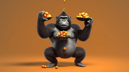 滑稽的 3D 大猩猩玩弄一盘食物