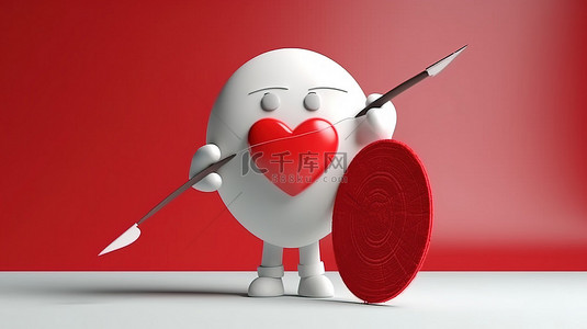 3d 白色卡通人物与心脏和红色靶心渲染插图