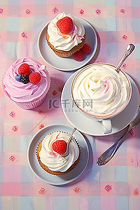 纸杯蛋糕一杯茶和一把勺子坐在桌子旁边