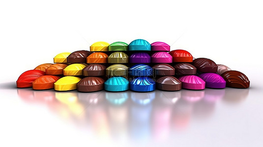 心彩色背景图片_坐在白色背景上的彩色巧克力的 3D 插图