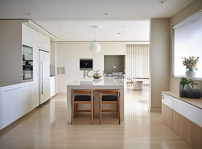 大理石台面背景图片_干净的厨房，配有椅子和白色台面
