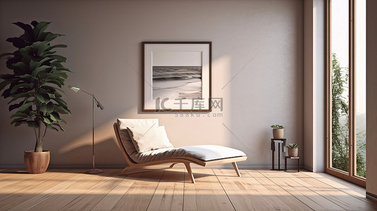 简约的卧室配有舒适的躺椅和醒目的窗框 3D 渲染