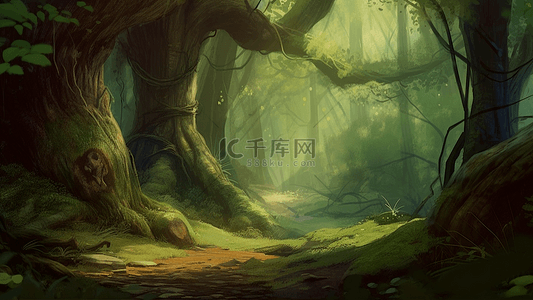 梦幻蘑菇背景图片_森林神秘树光背景