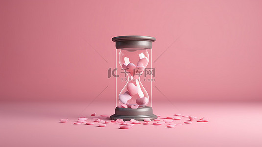 粉红色背景上飘动的心拥抱着 3D 沙漏