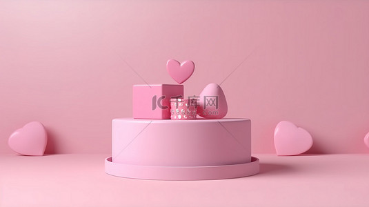 单联装饰画背景图片_带有心形装饰的粉红色圆柱讲台和用于产品展示的粉红色礼品盒底座的 3D 渲染
