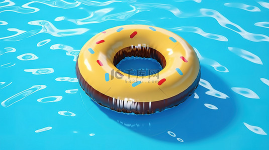 夏季氛围鸟瞰漂浮在游泳池蓝色水面上的充气橡胶甜甜圈环，有足够的空间进行文本 3D 渲染