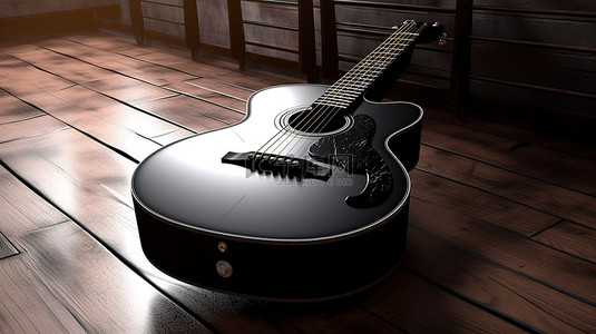 吉他木背景图片_3d 渲染原声吉他放在深色木桌上