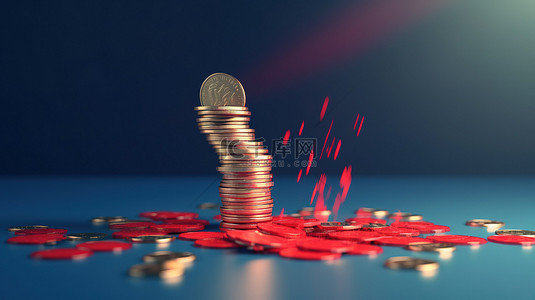财务增长和成功的插图 3d 呈现红色箭头和蓝色背景上的一堆硬币