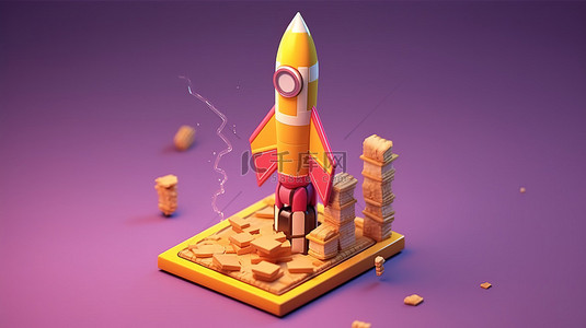 科技挖矿背景图片_带有生长图和硬币的火箭翱翔的等距 3D 渲染