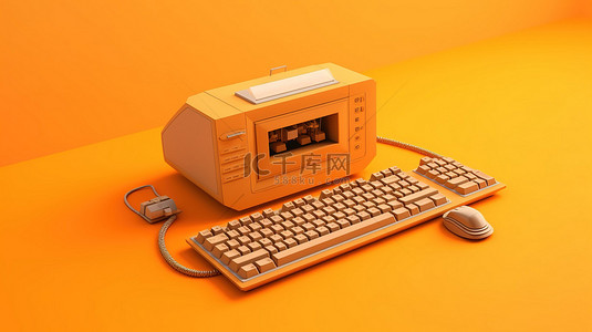 复古计算设置与 3D 充满活力的橙色背景