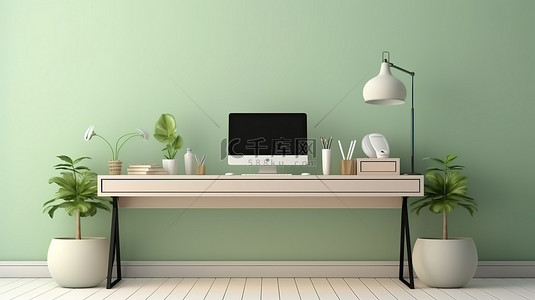 时尚工作站的 3D 渲染，配有 PC 电脑模型和桌子上的用品，靠着充满活力的绿色墙壁