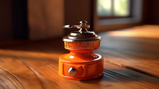 带 3D 渲染橙色咖啡研磨机的木桌