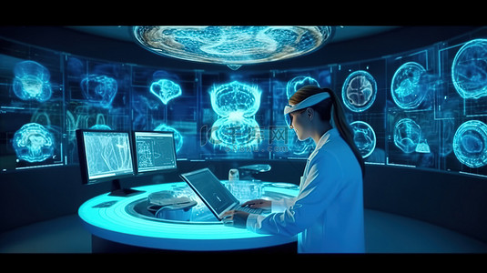 医生 3D 渲染使用的数字脑扫描全息图
