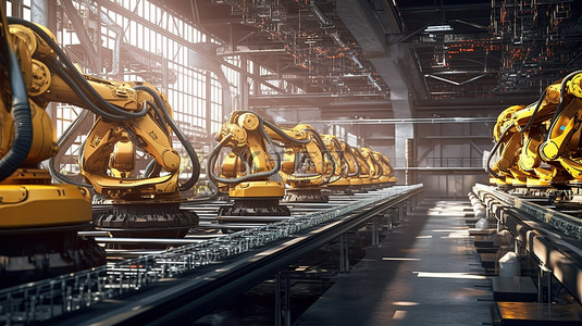 未来工厂 3D 渲染的机器人控制机器人装配线在自动化行业概念中