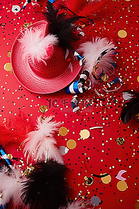 红色生日帽背景图片_帽子羽毛和派对装饰品位于红色背景上