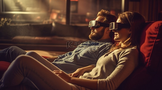 沙发上放松的情侣3D电影体验