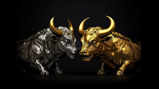 金融黑金背景背景图片_金牛和闪闪发光的浣熊在 3D 背景下设置