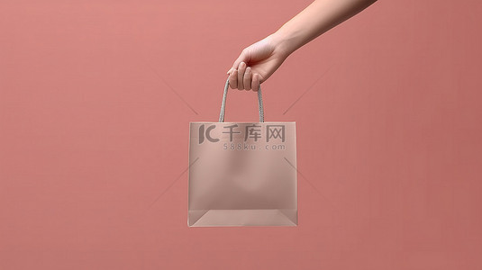 孤立的女人背景图片_背景上一只孤立的手抓着购物袋的 3D 渲染