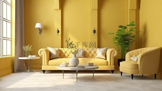 金色边背景图片_时尚的米色主题内饰，配有黄色家具和豪华的金色边桌，呈现壮观的 3D 可视化效果