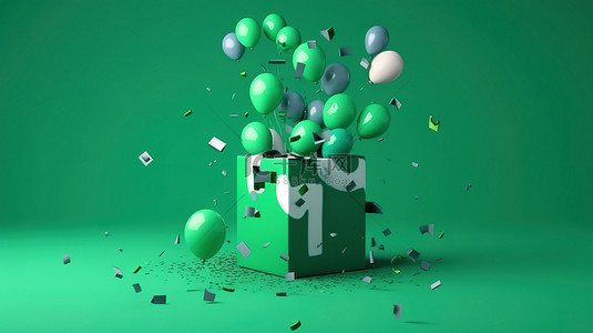 庆祝生日快乐背景背景图片_充满活力的庆祝生日快乐与爆炸数字 8 气球和绿色背景上的五彩纸屑 3d 渲染插图