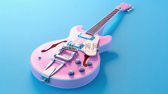 复古风格的粉色电吉他栖息在 3D 渲染的蓝色背景上