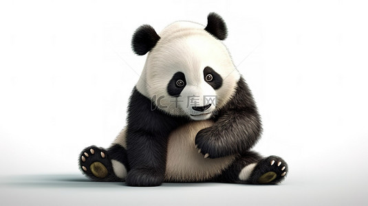 和动物背景图片_3D 插图中的迷人熊猫，具有白色隔离背景和剪切路径
