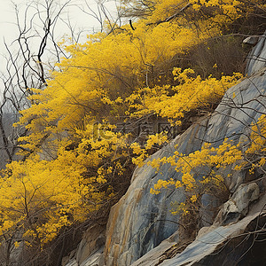 黄色的花灌木在山坡上