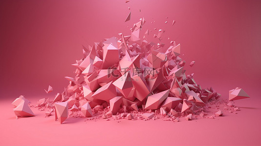 动态飞行形状 3D 渲染在充满活力的粉红色背景下运动的几何扭曲基元