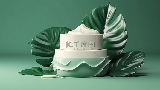 芦荟美容背景图片_带叶子的绿色讲台展示 3D 渲染的美容霜产品