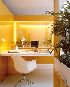黄色室内背景图片_有黄色墙壁和一张桌子的现代办公室