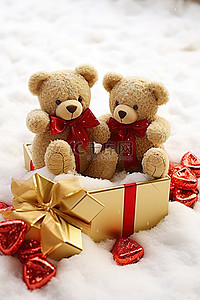 圣诞节雪地礼物背景图片_两只泰迪熊在雪地的礼品盒里可爱地接吻