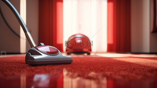 吸尘器马达背景图片_空客厅中现代吸尘器的 3D 渲染与红地毯​​家电概念
