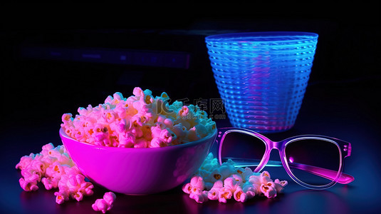 美食背景图片_电影之夜必需品笔记本电脑爆米花碗和带蓝色粉色霓虹灯的 3D 眼镜