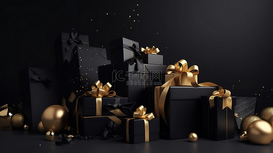 节日黑色星期五超级促销的 3d 渲染，包括圣诞礼盒和新年促销活动