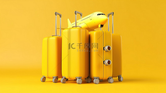 黄色聚碳酸酯行李箱和客机的 3D 渲染在充满活力的黄色背景上突出了航空旅行的理念