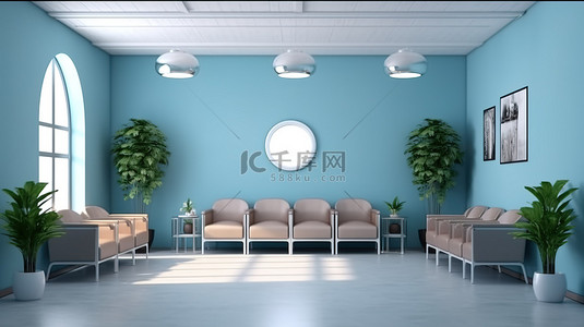 现代候诊室内部的蓝色主题 3D 渲染