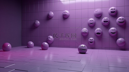 喜怒无常的紫色情感图标设置感受和情绪的 3D 渲染