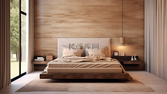 时尚的米色卧室，配有木质床头板阁楼隔断和装饰 3D 渲染